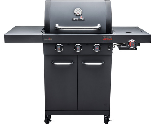 Char-Broil Professional Power Edition gasbarbecue met 3 branders, matzwart, inclusief opbergplank, dekselthermometer, geëmailleerde gietijzeren planchaplaat, vetopvangbak, grillrooster, uitklapbare zijtafel, zijplank, warmhoudrek.