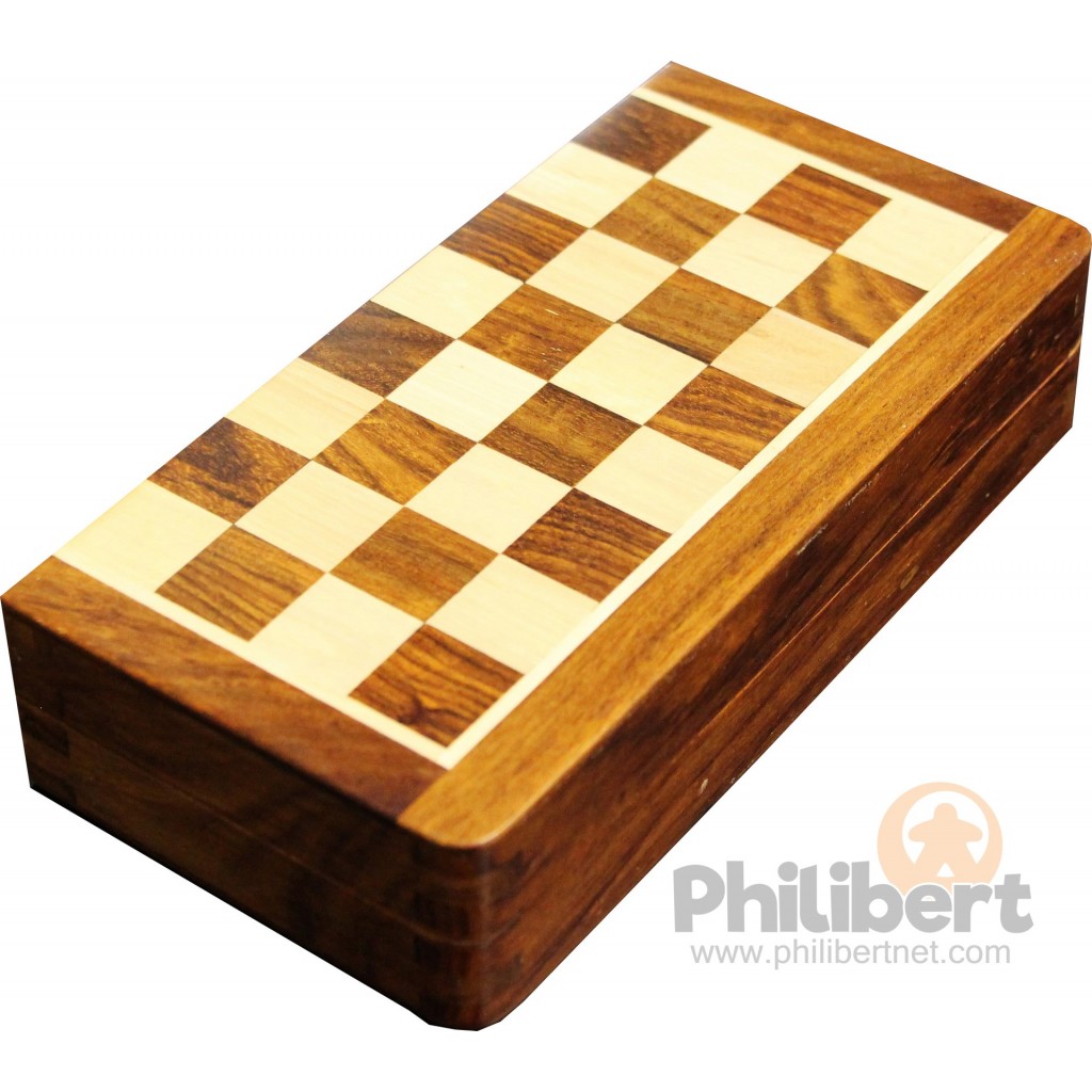 Jeu d'échecs pliant magnétique marqueté, 17 cm - Bois Patiné