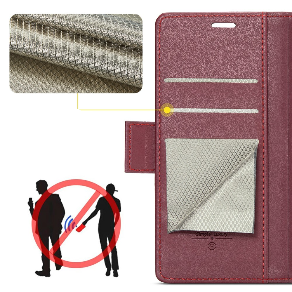 iPhone 16 Pro Max Leder Tasche Flip Wallet Etui mit Kartenfächern Litchi Look (RFID Schutz) - Dunkelrot