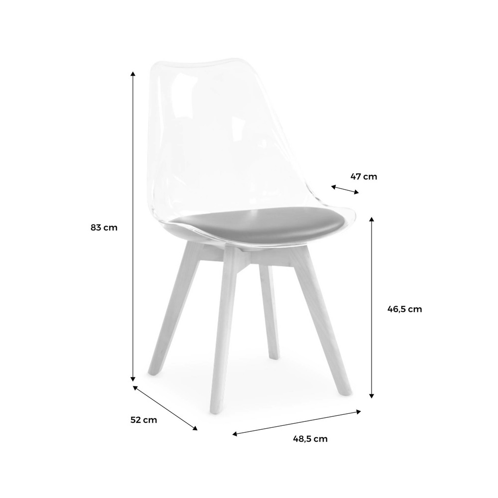 Lot de 4 chaises scandinaves - lagertha - pieds bois. Fauteuils 1 place. Coussin noir. Coque transparente