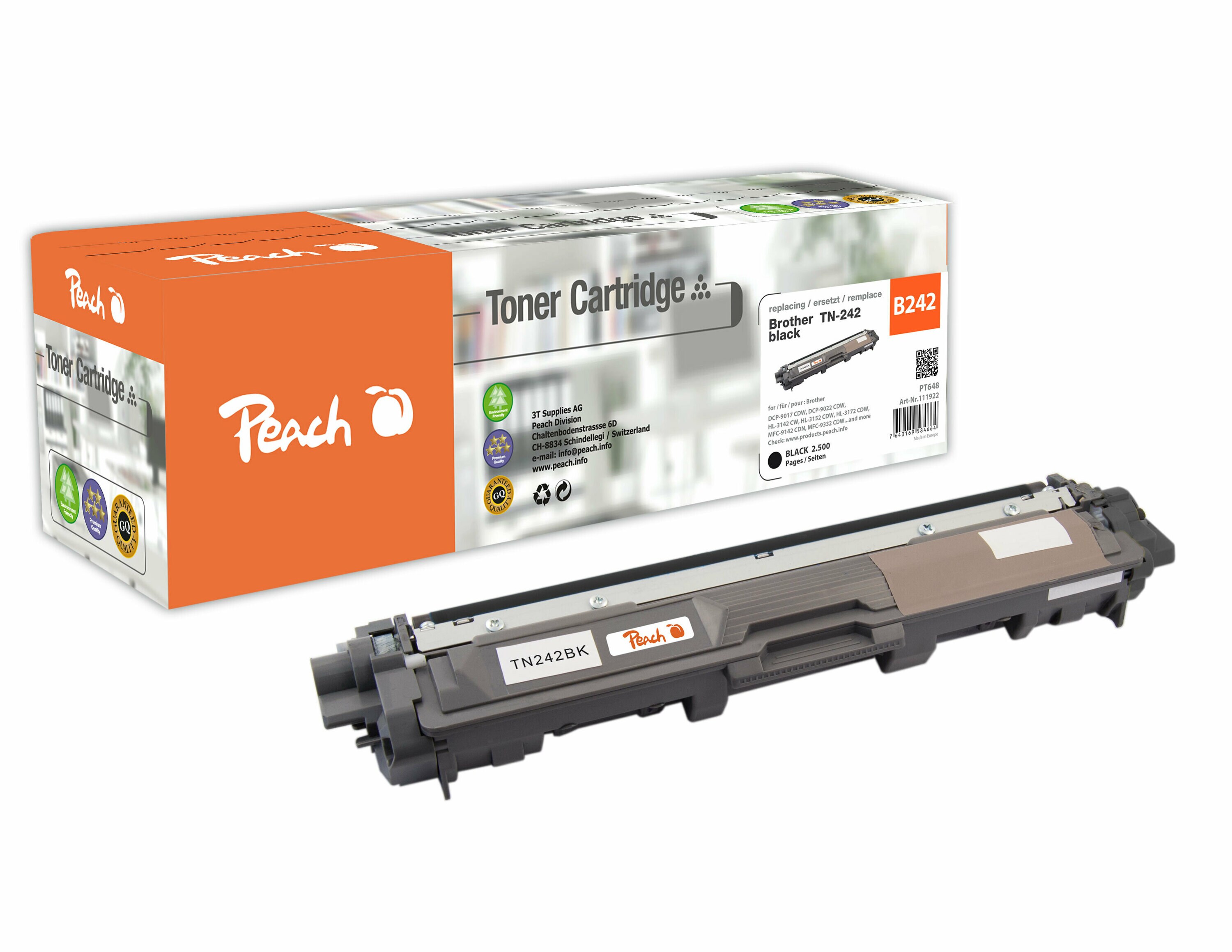 Peach B242 BK Toner bk ersetzt Brother TN-242BK für z.B. Brother DCP -9022 CDW, Brother HL -3142 CW, Brother HL -3152 CDW, Brother HL -3172 CDW (wiederaufbereitet)