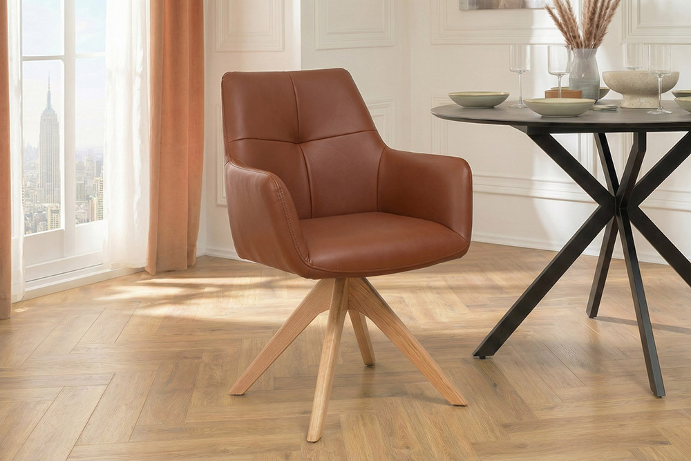 Drehbarer Stuhl ALMARA cognac braun Echtleder 360° Taschenfederkern Eiche Massivholz