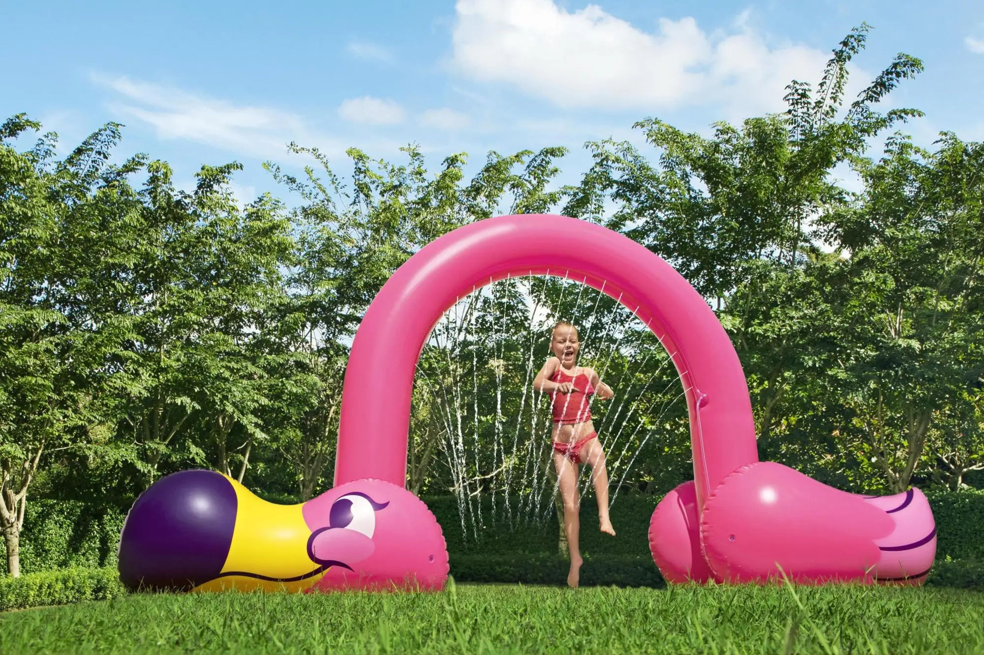 Arco de aspersor inflável gigante em forma de flamingo rosa da H2OGO! para crianças