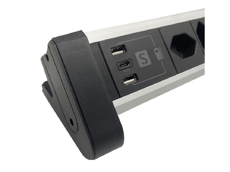 Schönenberger Tischsteckdosenleiste Alu 4× T13, 1x USB-C, 2 Alu-Steckdosenleiste mit 20 W USB-C Charger