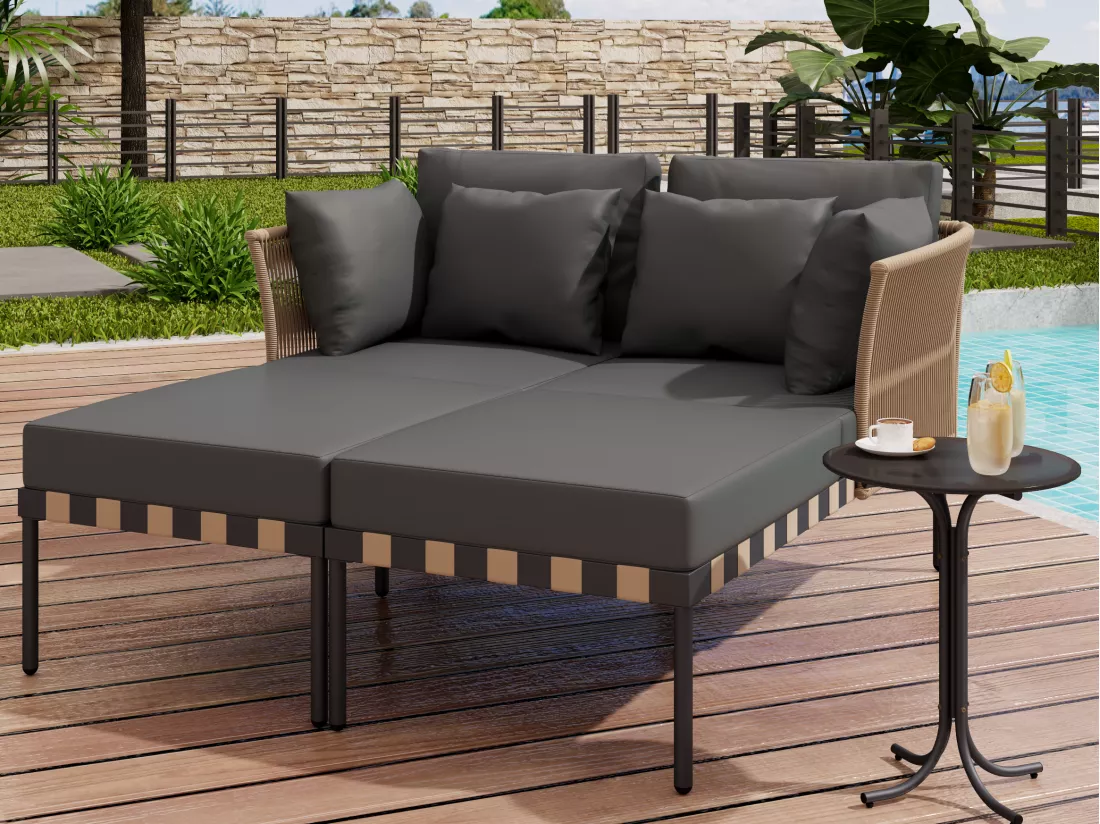 Bain de soleil - canapé de jardin - chaise longue de jardin démontable et modulable - en fer galvanisé et Rotin - 2 places - Gris