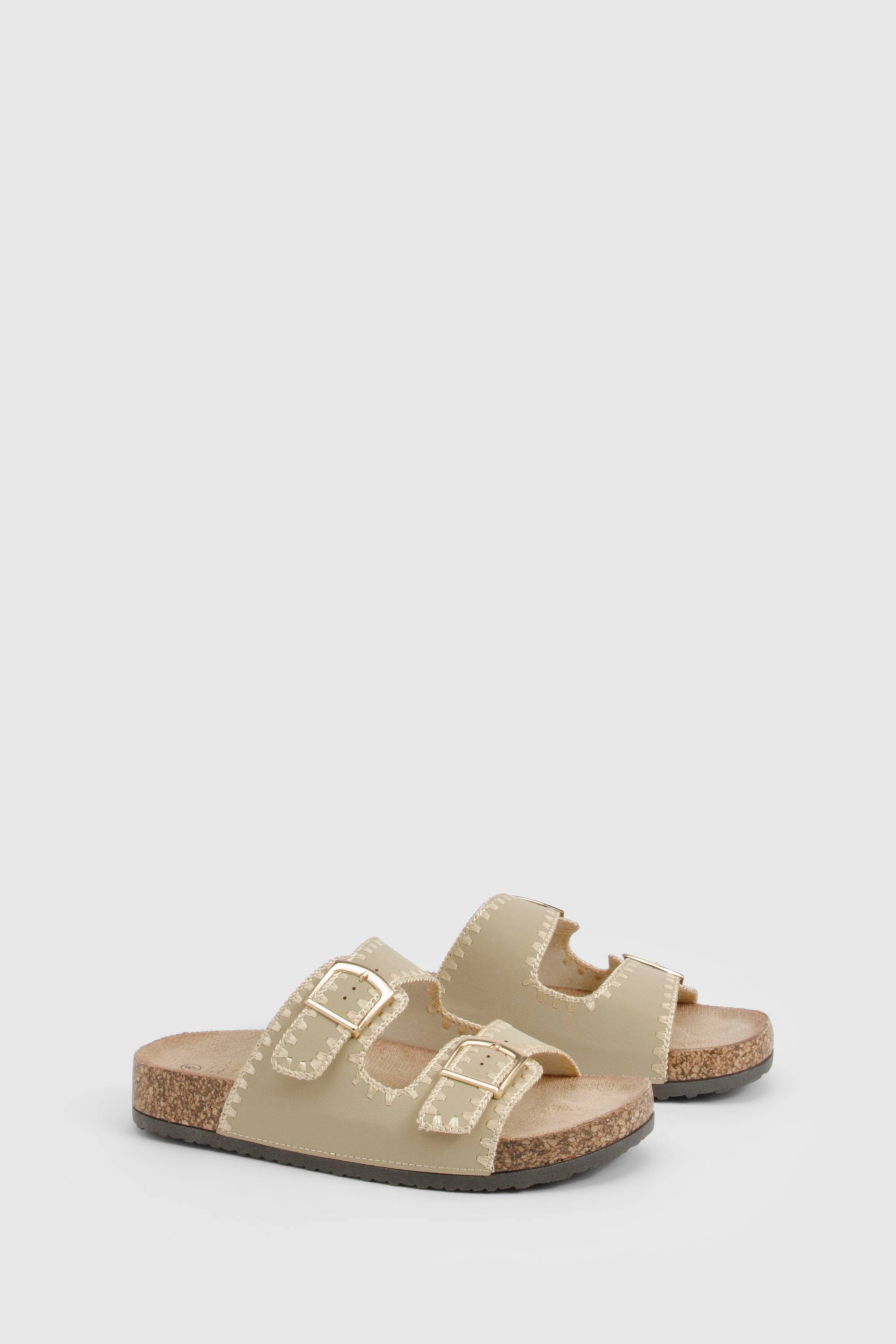boohoo Contrast Stitch Detail Double Buckle Sliders