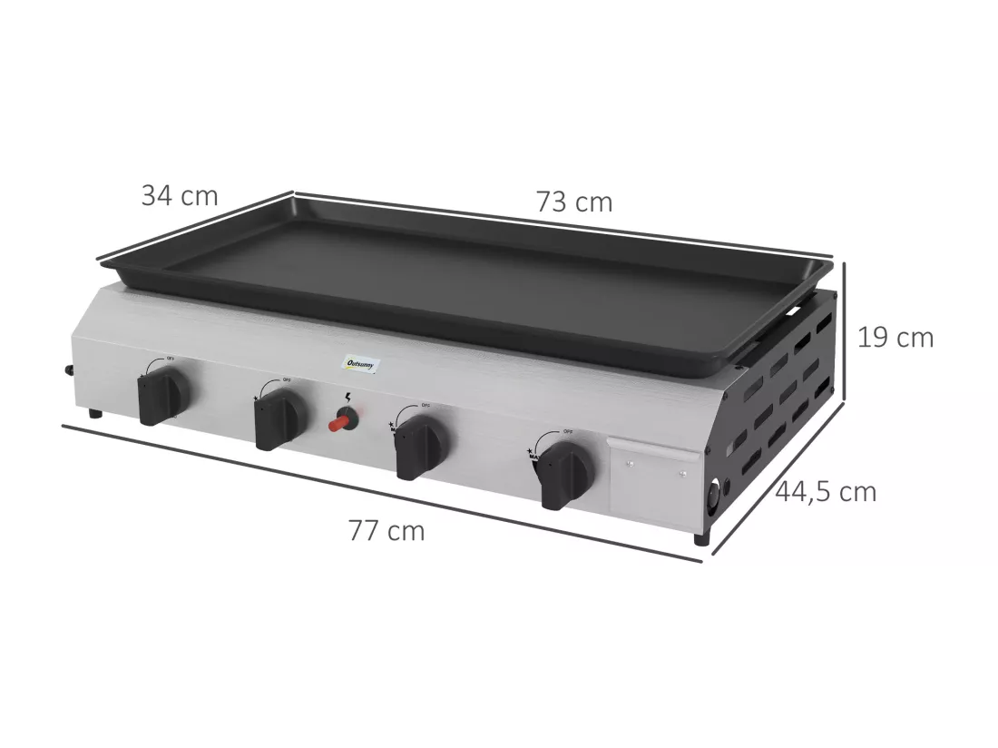 Plancha gaz portable antiadhésive 4 brûleurs 9,6 kW surface cuisson 73L x 34l cm acier inox émaillé