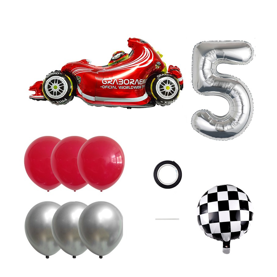 (10-tlg. Set) Zahlen Ballon Kinder Geburtstags Party Folienballon inkl. Latex Luftballon - Zahl 5 / Rennauto