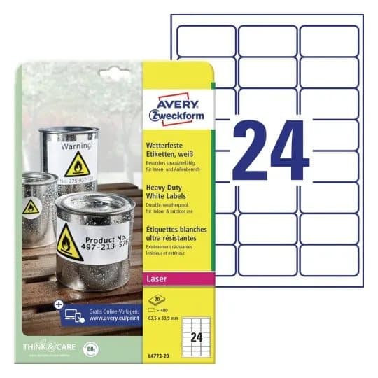Avery Heavy Duty Laser Labels - Polyester - 63.5 x 33.9 mm 480 etikett(er) (20 ark x 24) merkelapper
