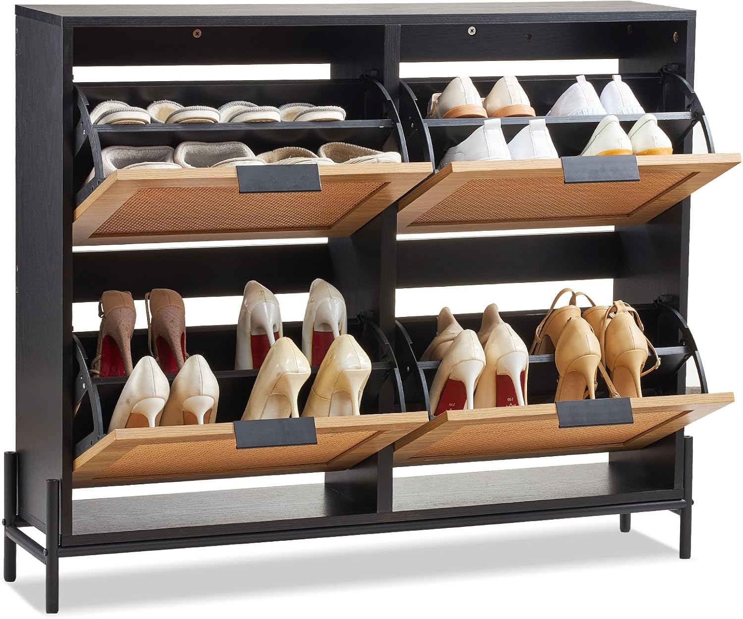 VEVOR Schuhschrank Schuhkommode aus Rattan mit 4 Klappschubladen, Schuhschrank Schuhregal Schuhkipper für den Eingangsbereich mit Metallbeinen, ideal für Eingangsbereich Flur Diele helle Holzfarbe
