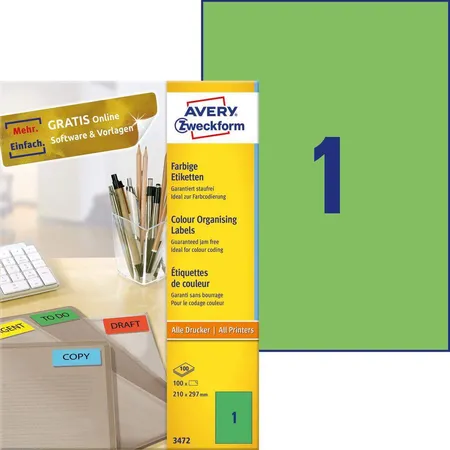 Avery Zweckform 3472 Farbige Etiketten,A4 210 x 297 mm, 100 Bogen/100 Etiketten, grün