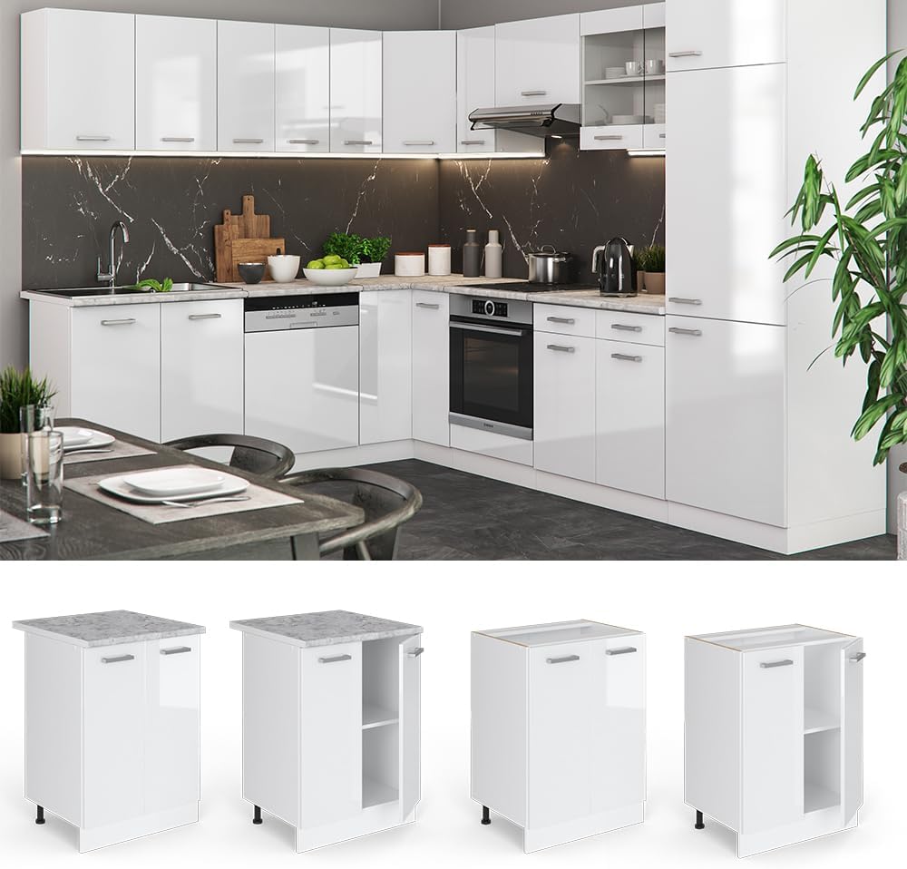 Vicco Küchenunterschrank R-Line, Weiß Hochglanz/Weiß, 60 cm ohne Arbeitsplatte