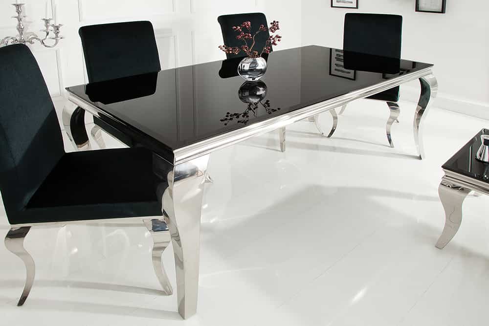 Eleganter Design Esstisch MODERN BAROCK 200cm schwarz Edelstahl Opalglas Tischplatte