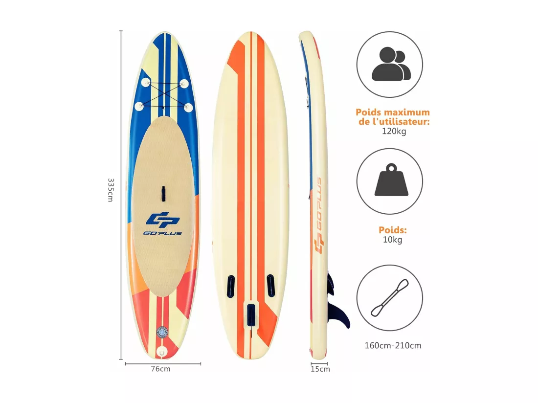 Stand Up Paddle Board Gonflable 335 CM, avec Accessoires Complets et Sac de Transport, Revêtement Antidérapant pour Pagayer, Surfer, Pêcher, Yoga Aquatique