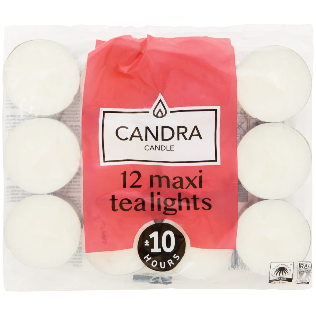 Candra maxi-theelichten wit 12 stuks