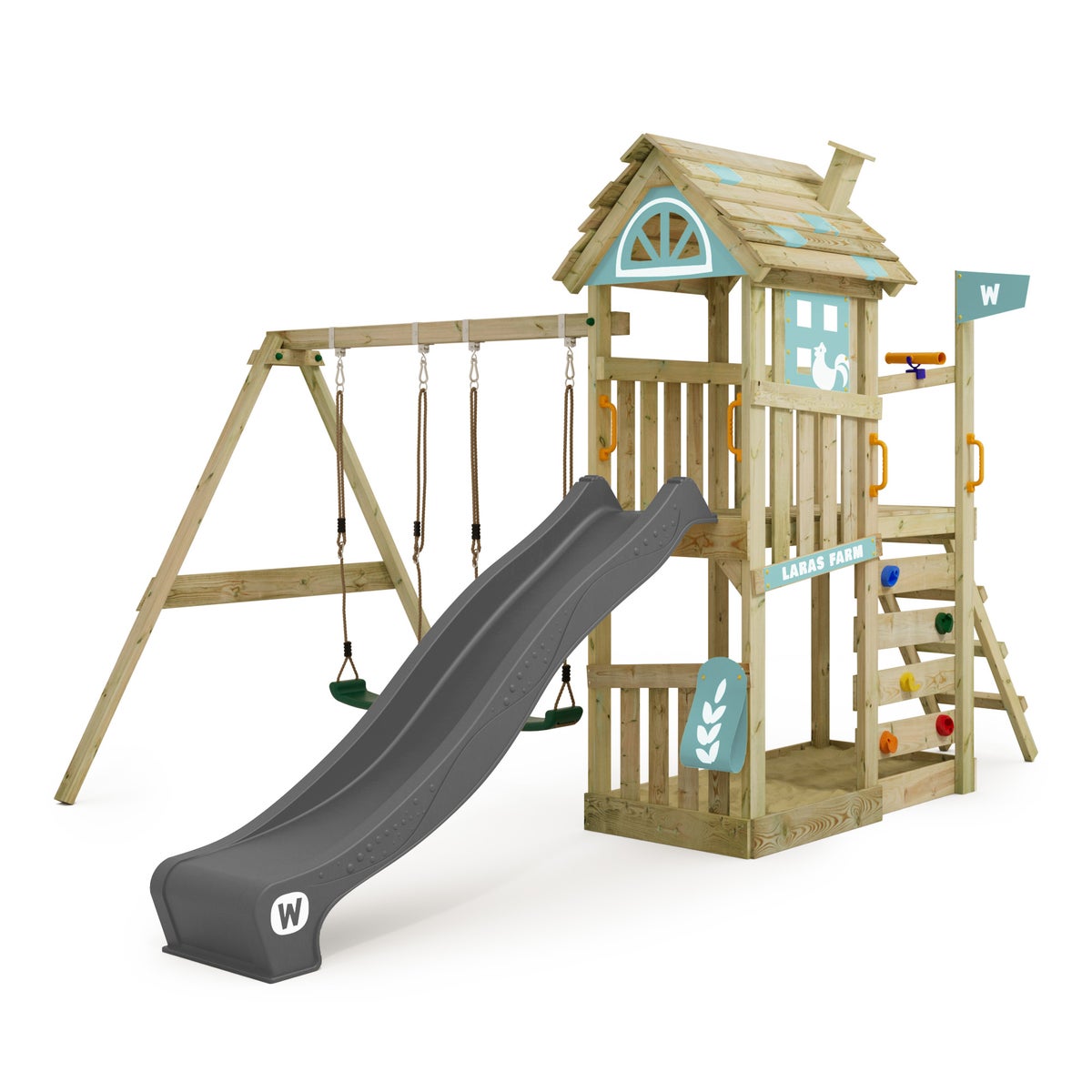 WICKEY FarmFlyer Speeltoren Klimrek met Schommel en Glijbaan, Klimtoren met Zandbak, Ladder en Speelaccessoires – Pastelblauw