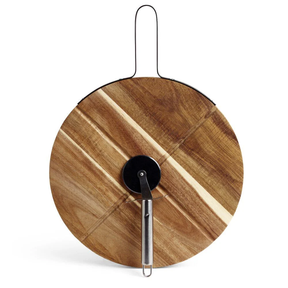 Plateau à pizza en bois avec roulette en acier