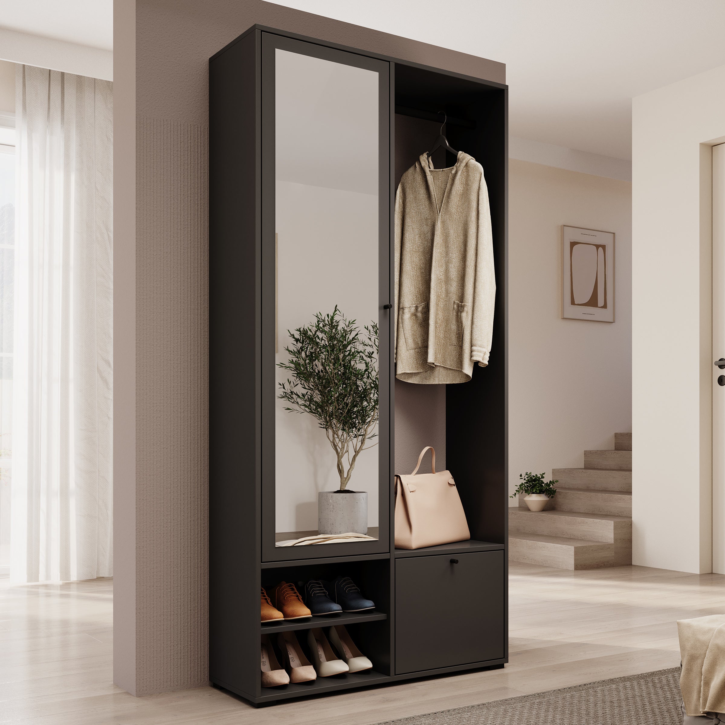 Deacon - Halkast met 2 deuren - Zwart - 90x33x190 cm