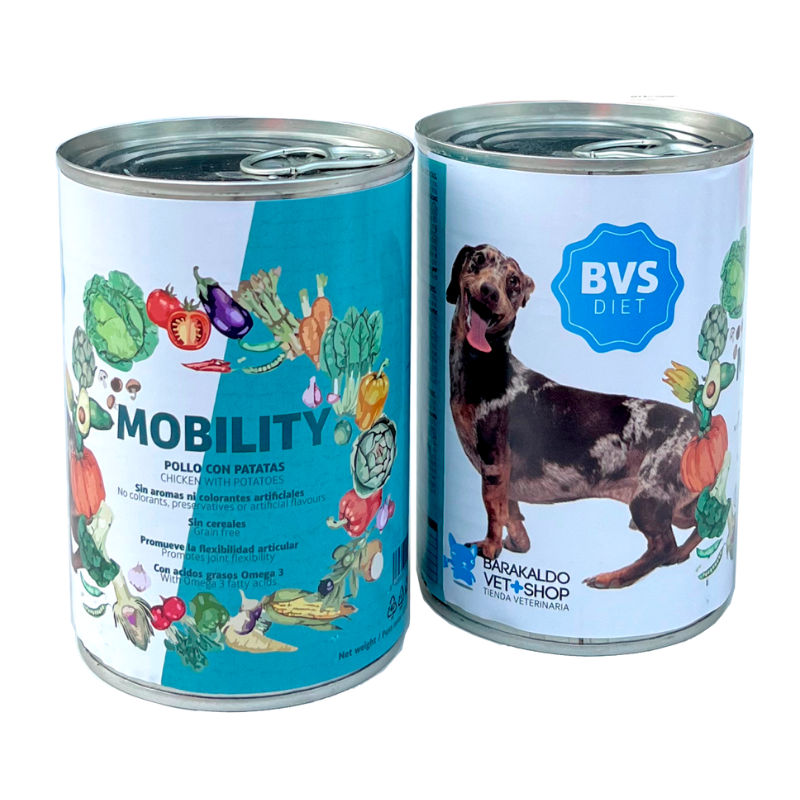 Ração úmida Diet Grain Free Mobility para cães, sabor frango com batatas, da Barakaldo Vet Shop.