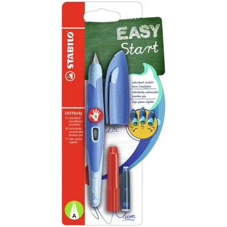 Ergonomischer Schulfüller für Rechtshänder mit Anfänger-Feder A - STABILO EASYbirdy Pastel Edition in blau/hellblau - Einzelstift - inklusive Patrone und Einstellwerkzeug - Schreibfarbe blau (löschbar)
