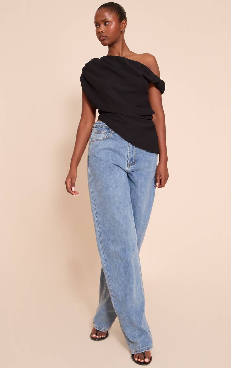 Noir Haut Long Drapé Asymétrique En Mousseline