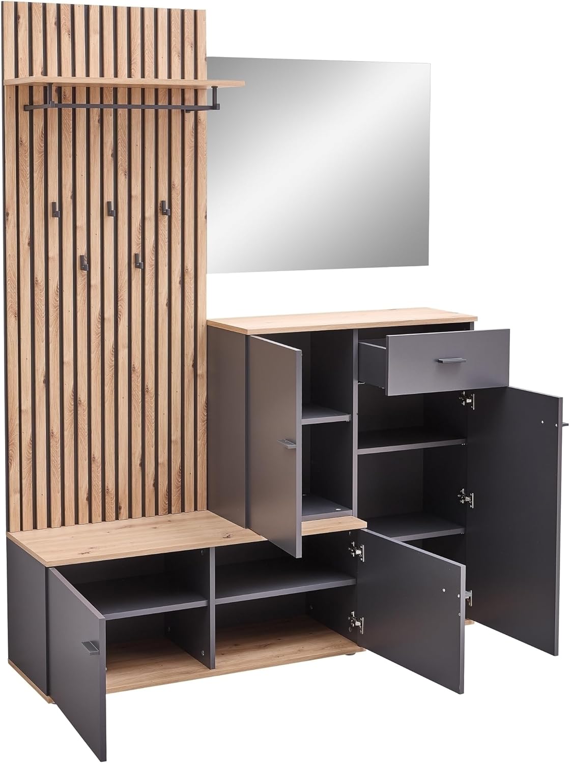 möbelando Kompaktgarderobe >Fynn< modern mit Spiegel, Schuhkommode, Bank & Paneel in Anthrazit/Artisan ? Stellmaß B/H/T: 223x199x38 cm, Melamin, Lamellenoptik, zerlegt geliefert
