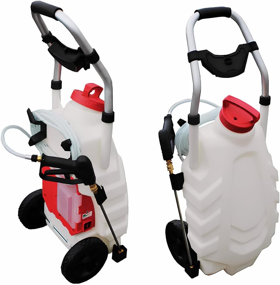 Elektrischer Drucksprüher Pro 28L – Akku Drucksprüher mit 10m Reichweite, 240 L/h Durchfluss, 8m Schlauch – 1 Batterie, Weiß