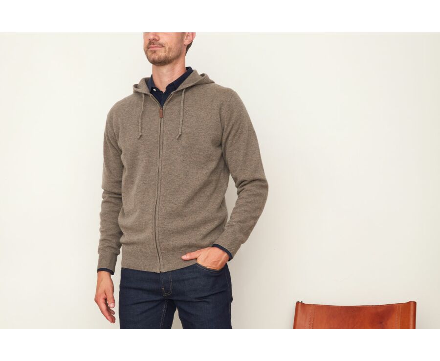 Gilet homme laine zippé à capuche Gris Taupe Chiné - HOODAN