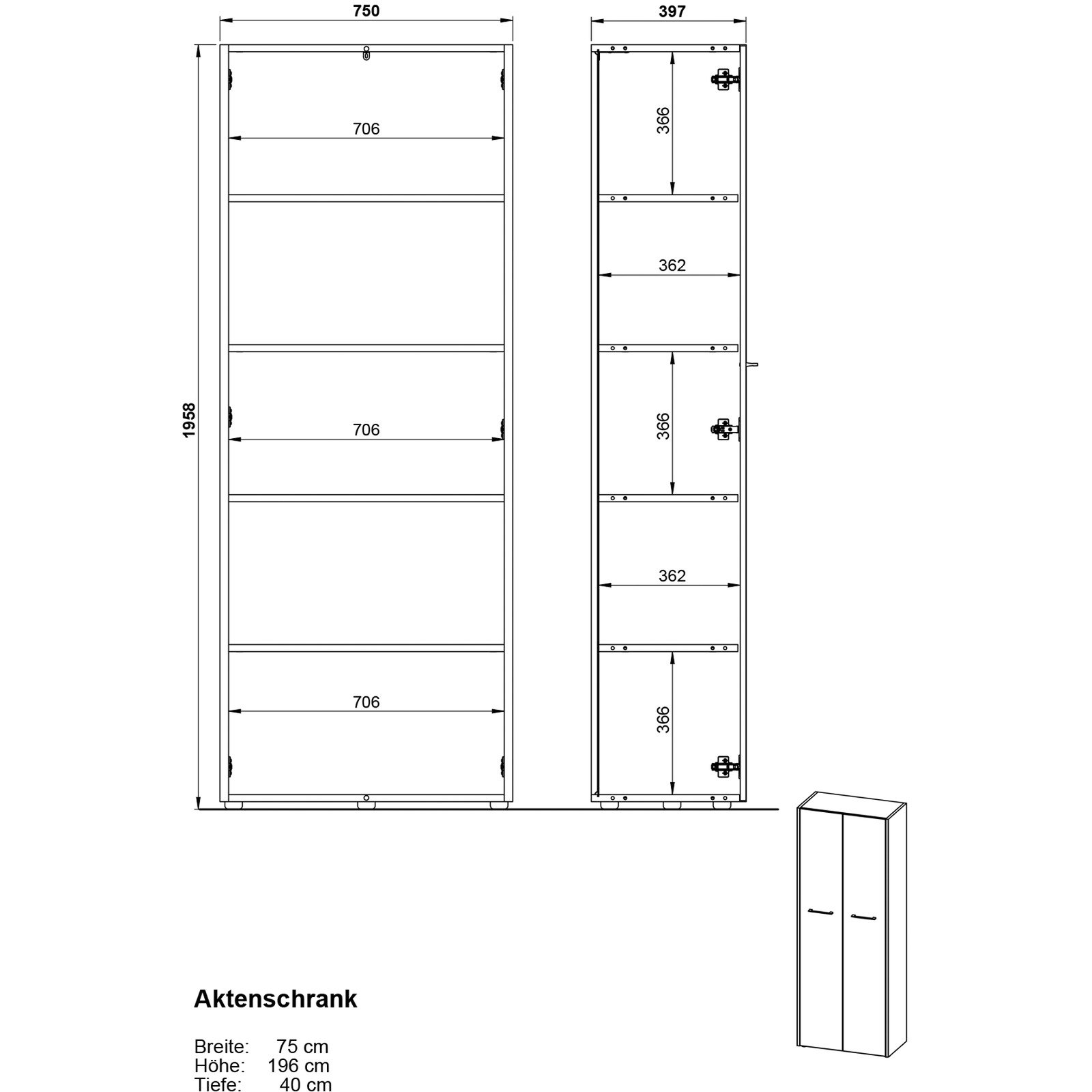 Aktenschrank Vito Dekor Eiche/Graphit-Look 75 x 196 x 40 cm