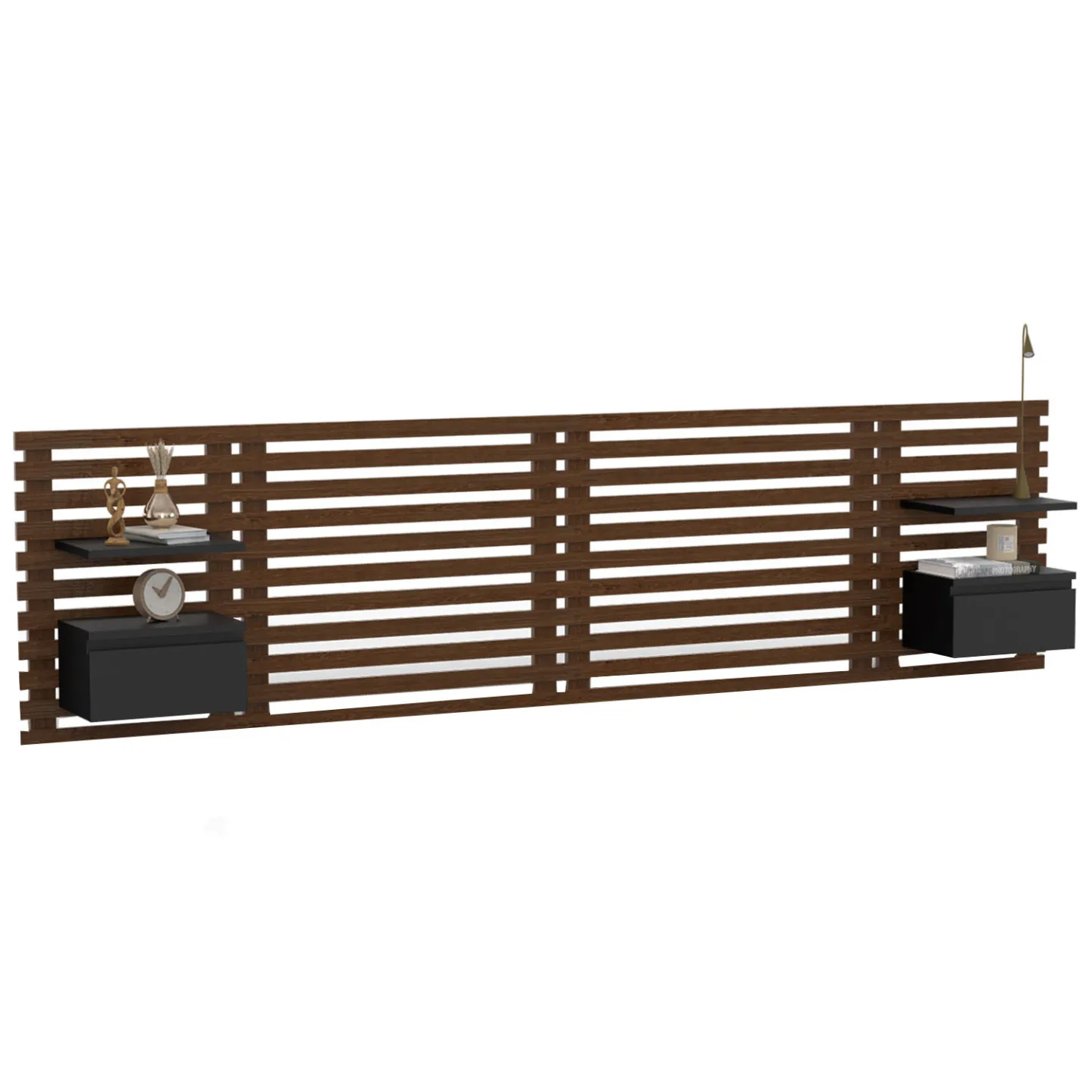 Tête de lit suspendue en lattes AVA 240 cm avec chevets + tiroir façon bois vieilli et noir