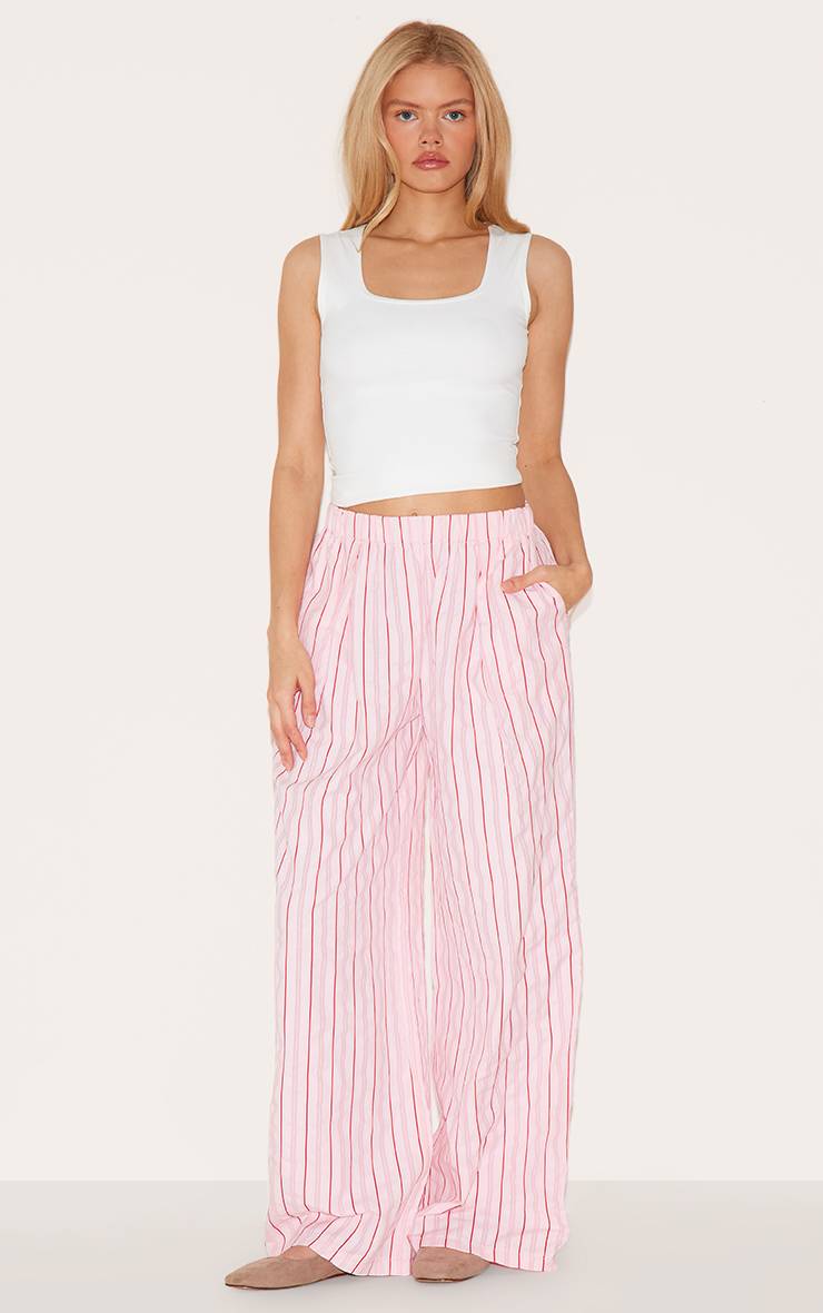 Rose Pantalon Large À Taille Élastique À Fines Rayures
