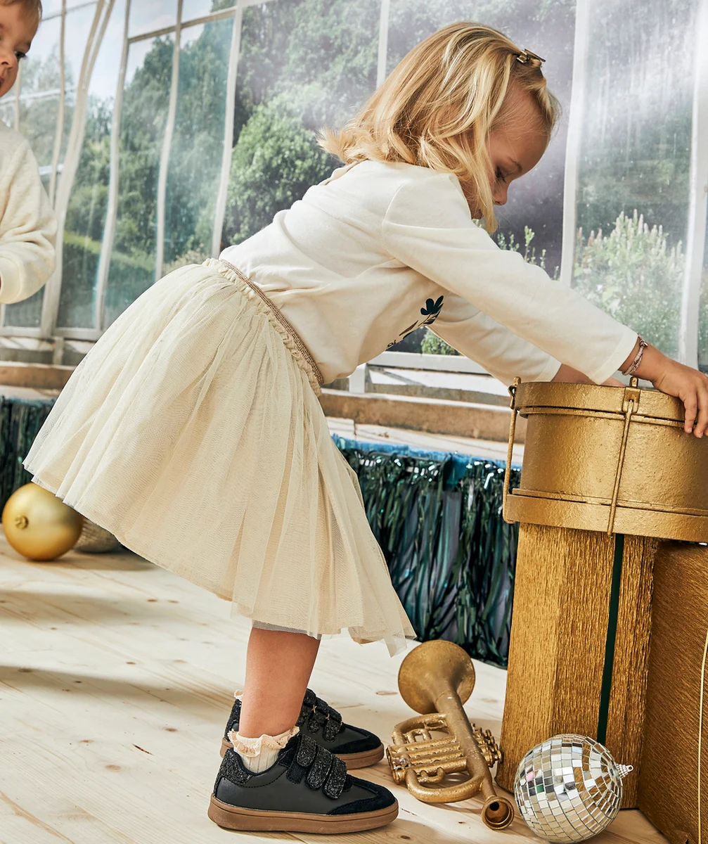 JUPE COURTE PLISSÉE BÉBÉ FILLE EN TULLE BEIGE PAILLETÉ