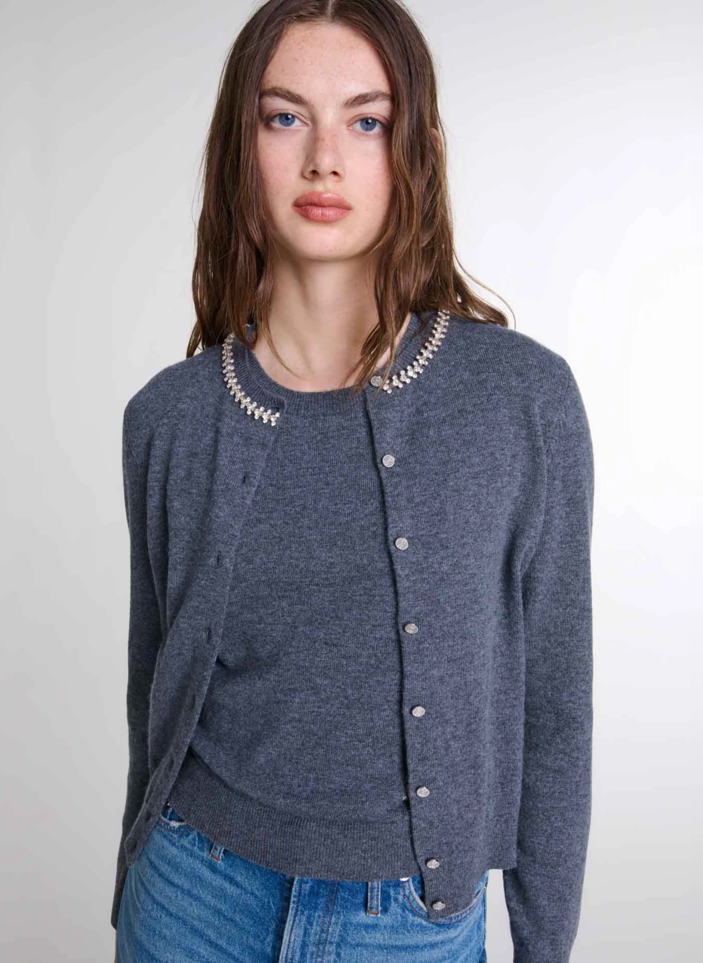 Gilet col rond en laine mélangée| Gris