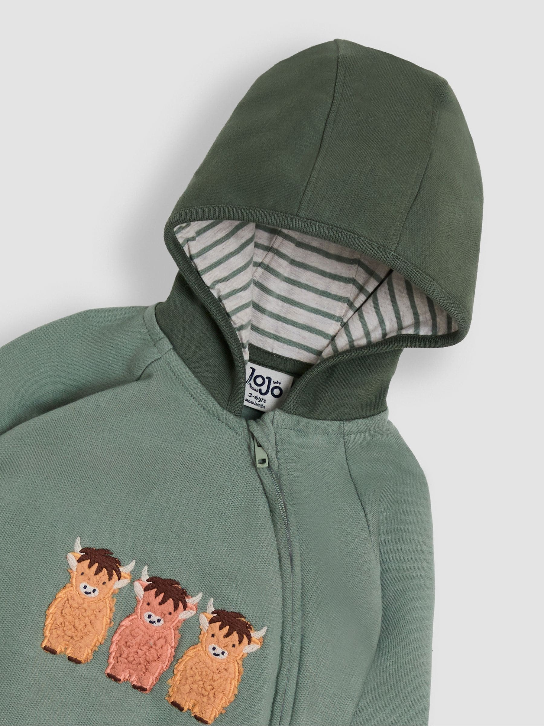 Groen met hooglander - JoJo Maman Bébé All-in-one met capuchon en applicatie