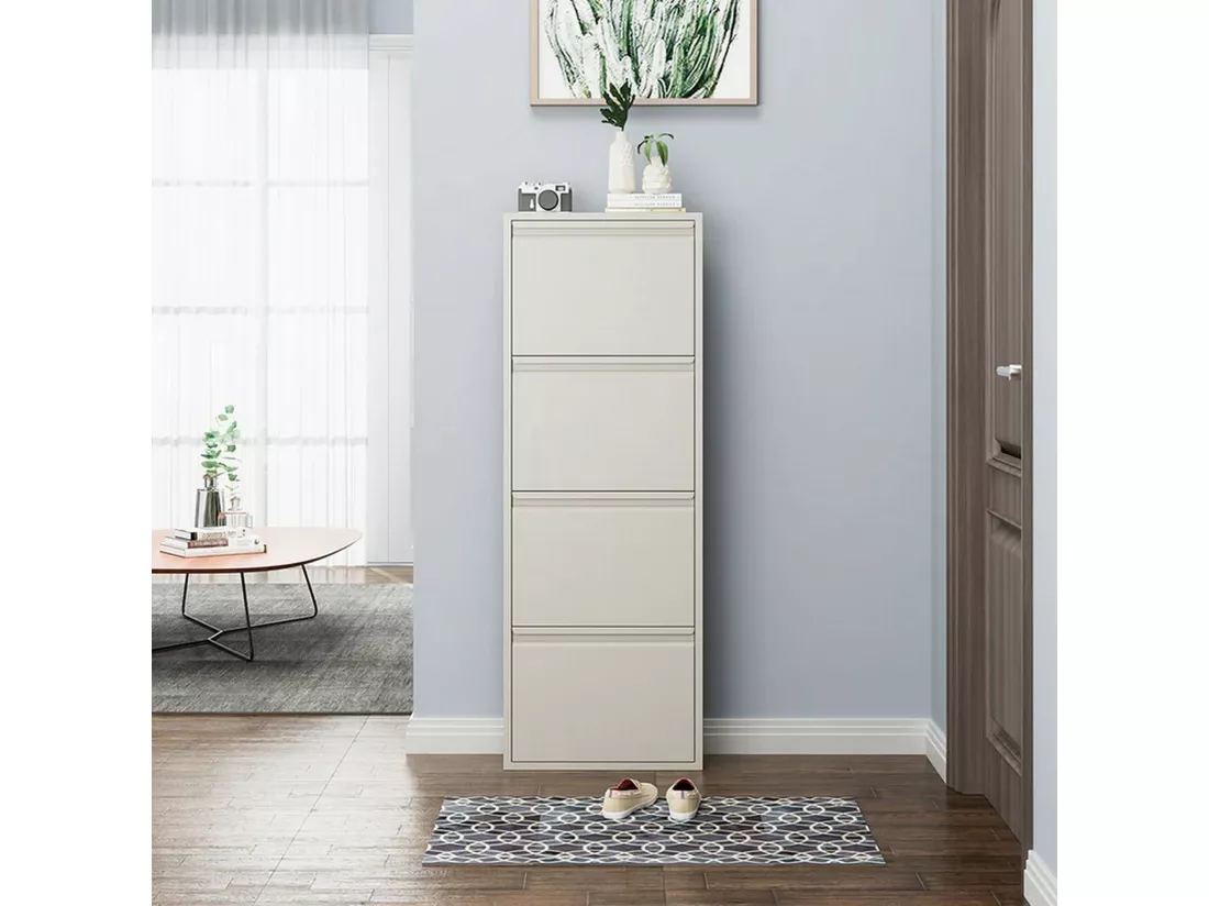 Meuble à chaussures Gonzalo, Meuble à chaussures en métal, Armoire d'entrée polyvalente, Rangement pour chaussures, 50x15h138 cm, Blanc