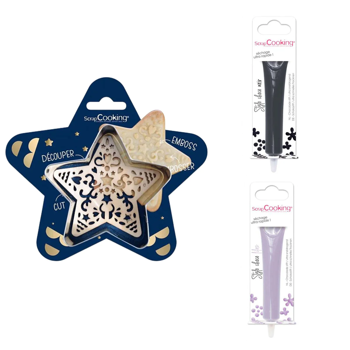 Kit pour biscuit en relief Étoile + 2 Stylos au chocolat noir et lilas
