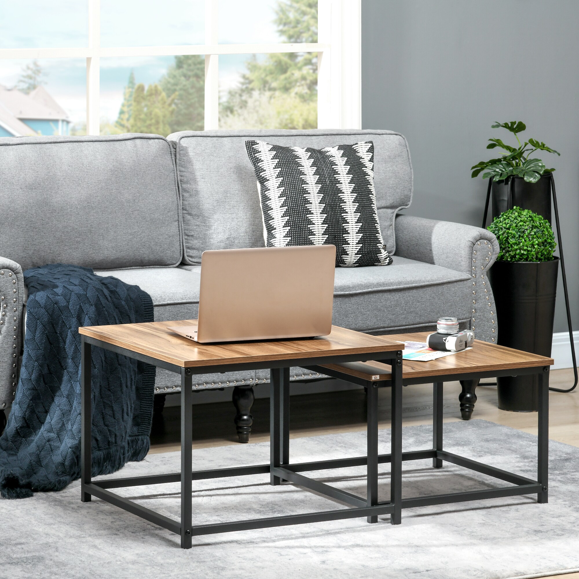 HOMCOM Couchtisch-Set mit Stahlrahmen natur 60L x 60B x 45H cm