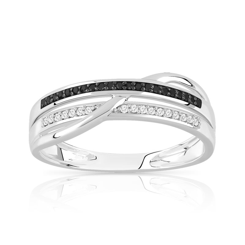Bague or 375 blanc triple anneau diamants noirs et blancs