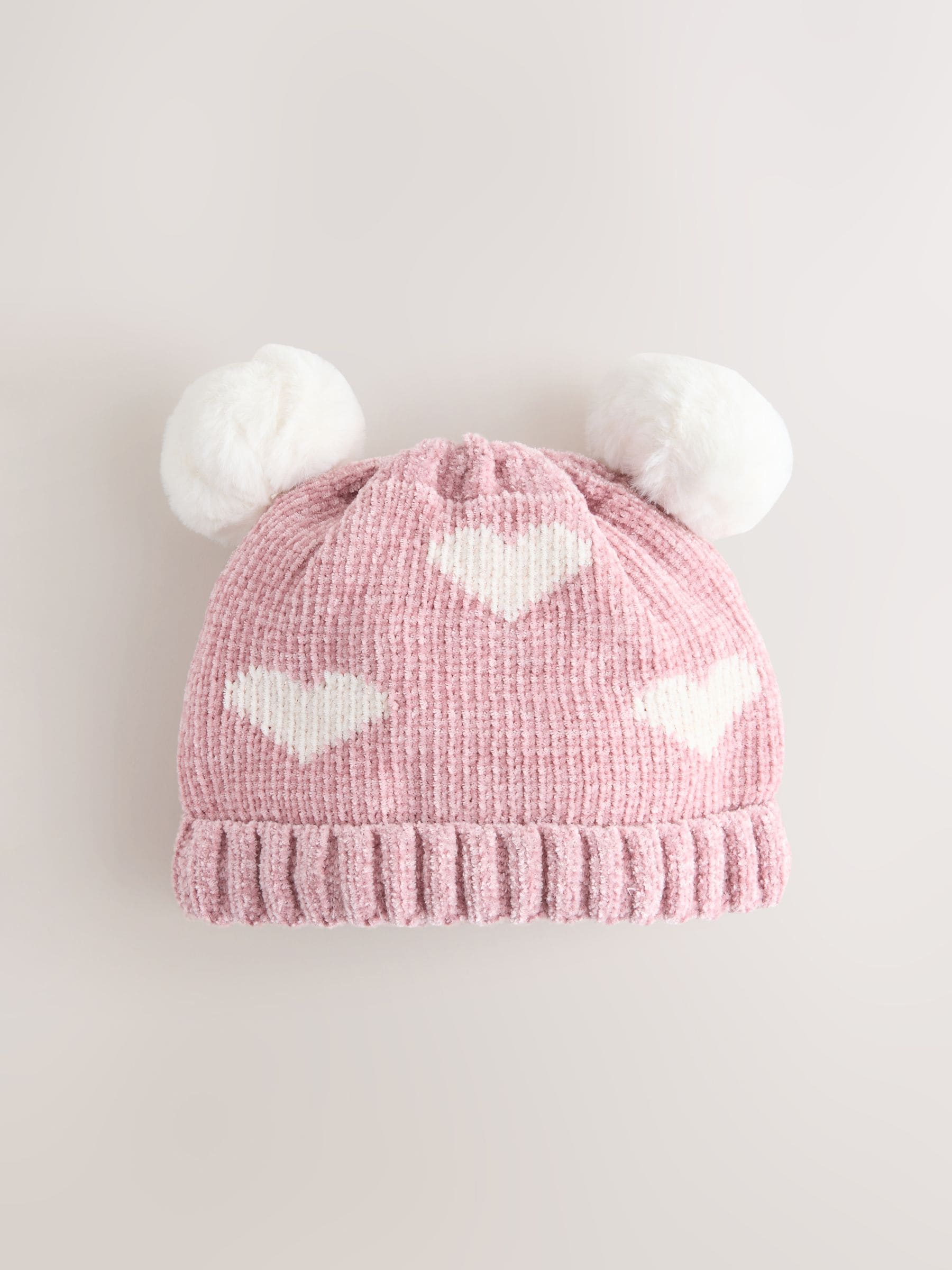 Roze - Gebreide gebreide babymuts van chenille met hartjesprint (0mnd -2jr)