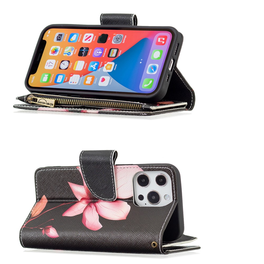 iPhone 13 Pro Leder Wallet Etui Tasche mit 9 Kartenfächern   Münzfach Blume - Schwarz
