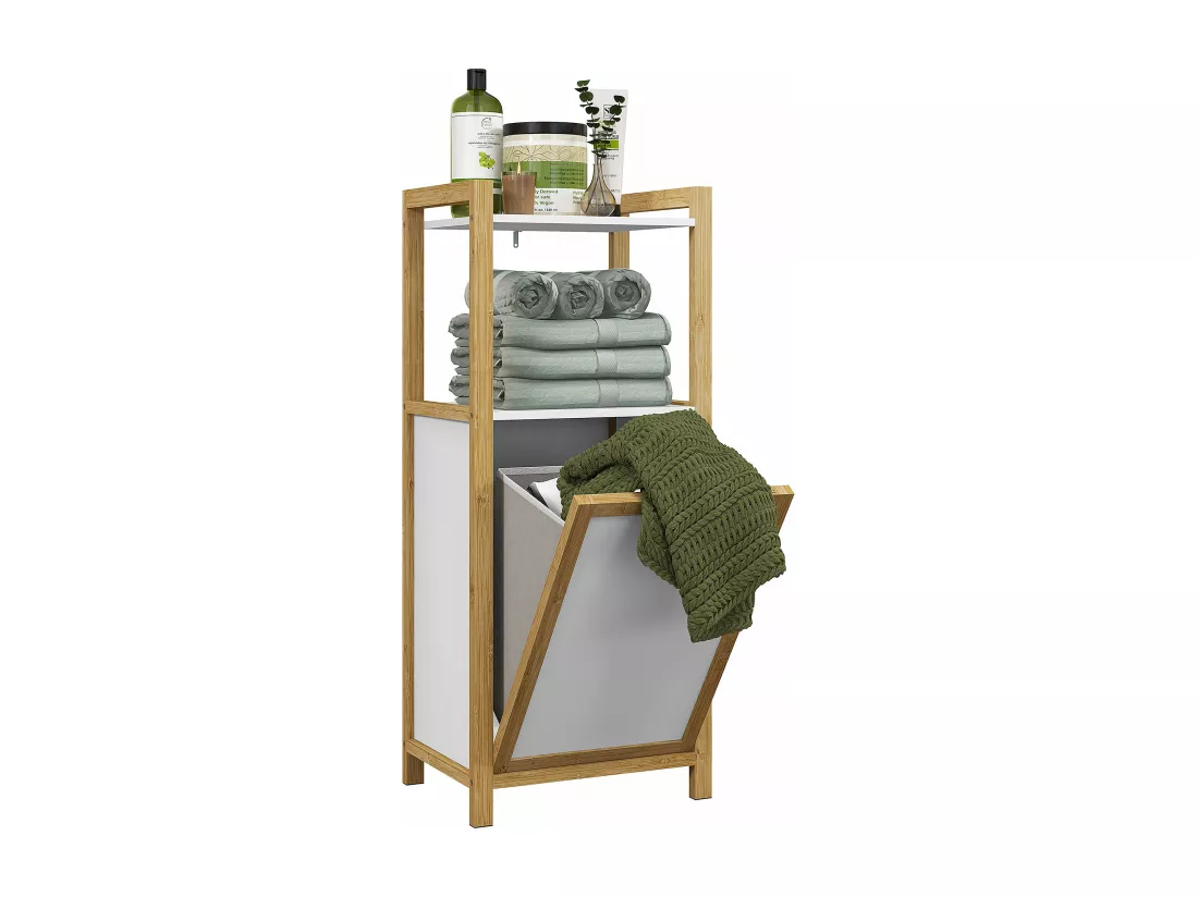 Meuble bas de salle de bain sur pied - 2 étagères, panier à linge - dim. 40L x 30l x 86,5H cm - bambou MDF blanc