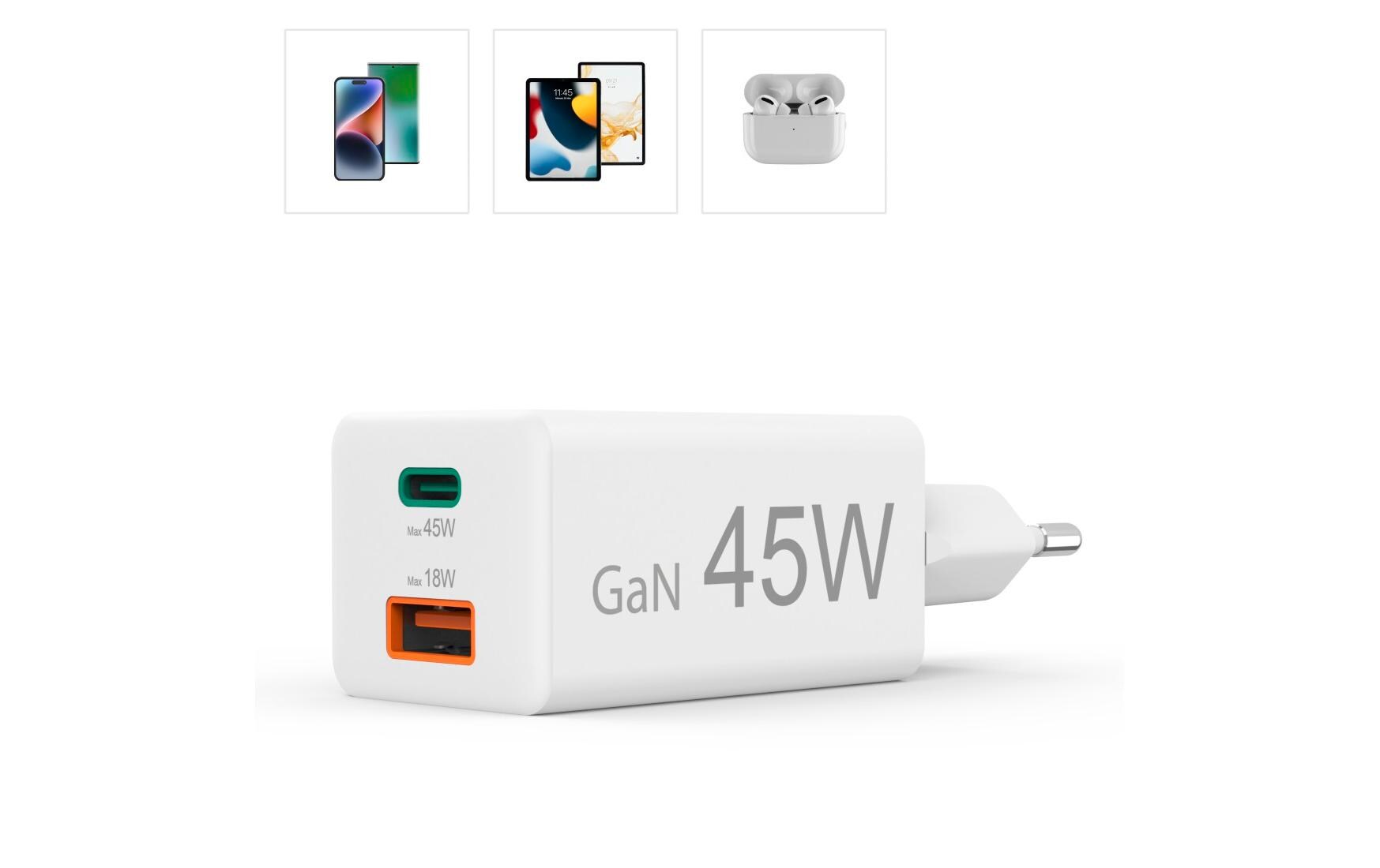 USB-Wandladegerät Gan charger USB-A USB-C 45 W WeissSchnellladegerät mit 1x USB-C und 1x USB-A