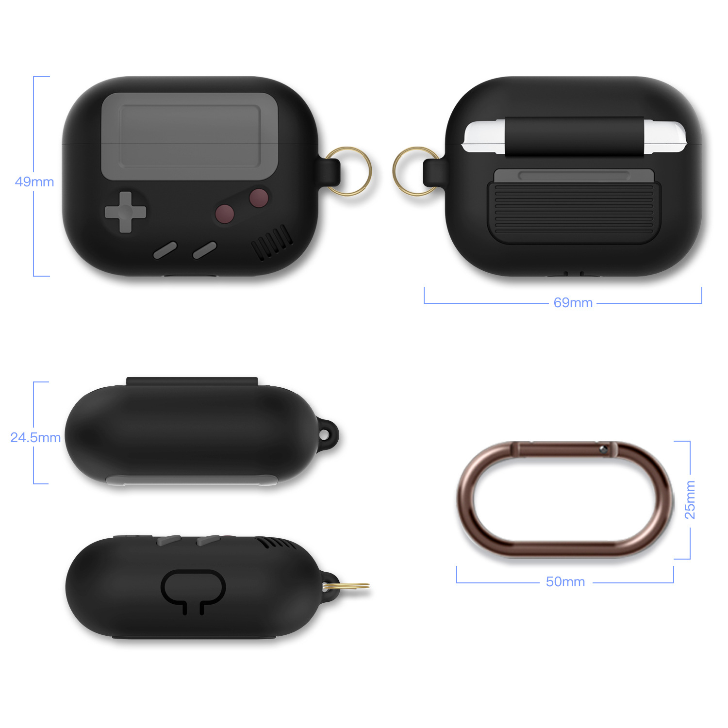 AirPods Pro Gummi Schutzhülle Retro Spielekonsole Abdeckung mit Karabinerhaken - Schwarz