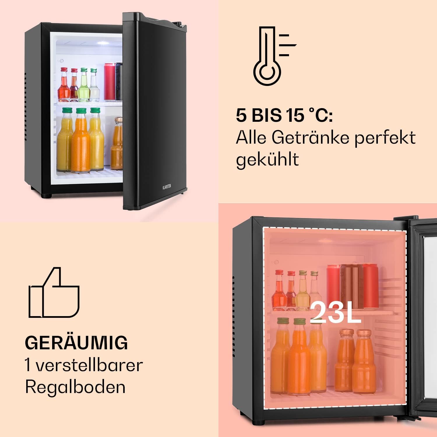 Klarstein Mini Kühlschrank für Zimmer, 23L, für Getränke & Kosmetik, Kleine Minibar, Leise, Verstellbare Ablage, Kleiner Skincare Kühlschrank 5-15°C