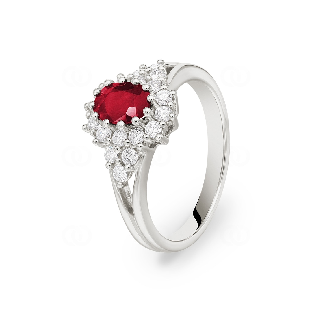 Cocktailring 750/18 K Weissgold mit Rubin und Diamanten 0.58 ct G/vs Ø 56