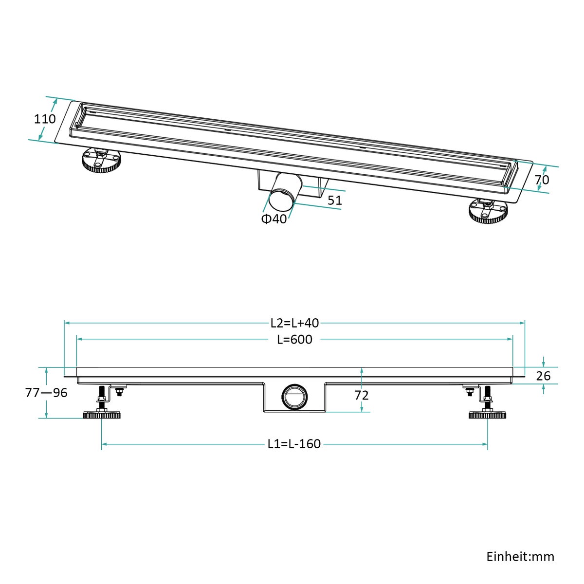 EMKE RVS doucheafvoer 2-in-1 complete set, 600 mm, betegelbaar, extra plat, zwart met haarzeef en sifon - Standaardmaat adapter 40/50 mm, installatiehoogte 77-96 mm, waterstroom 30 l/min.