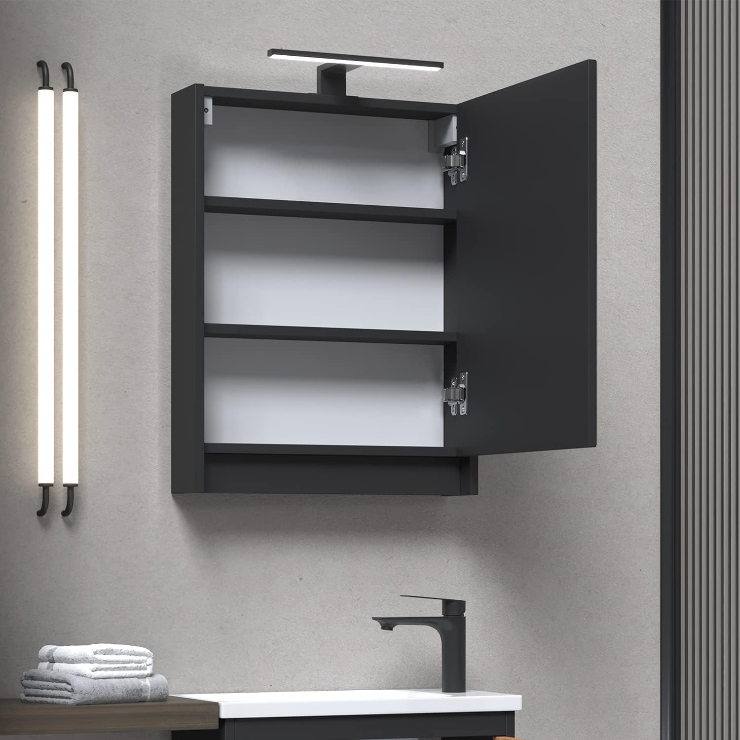 Planetmöbel Spiegelschrank Bad mit Beleuchtung 50 x 65 x 11,4 cm, schwarz matt, Badezimmerschrank mit Spiegel und LED Aufbauleuchte