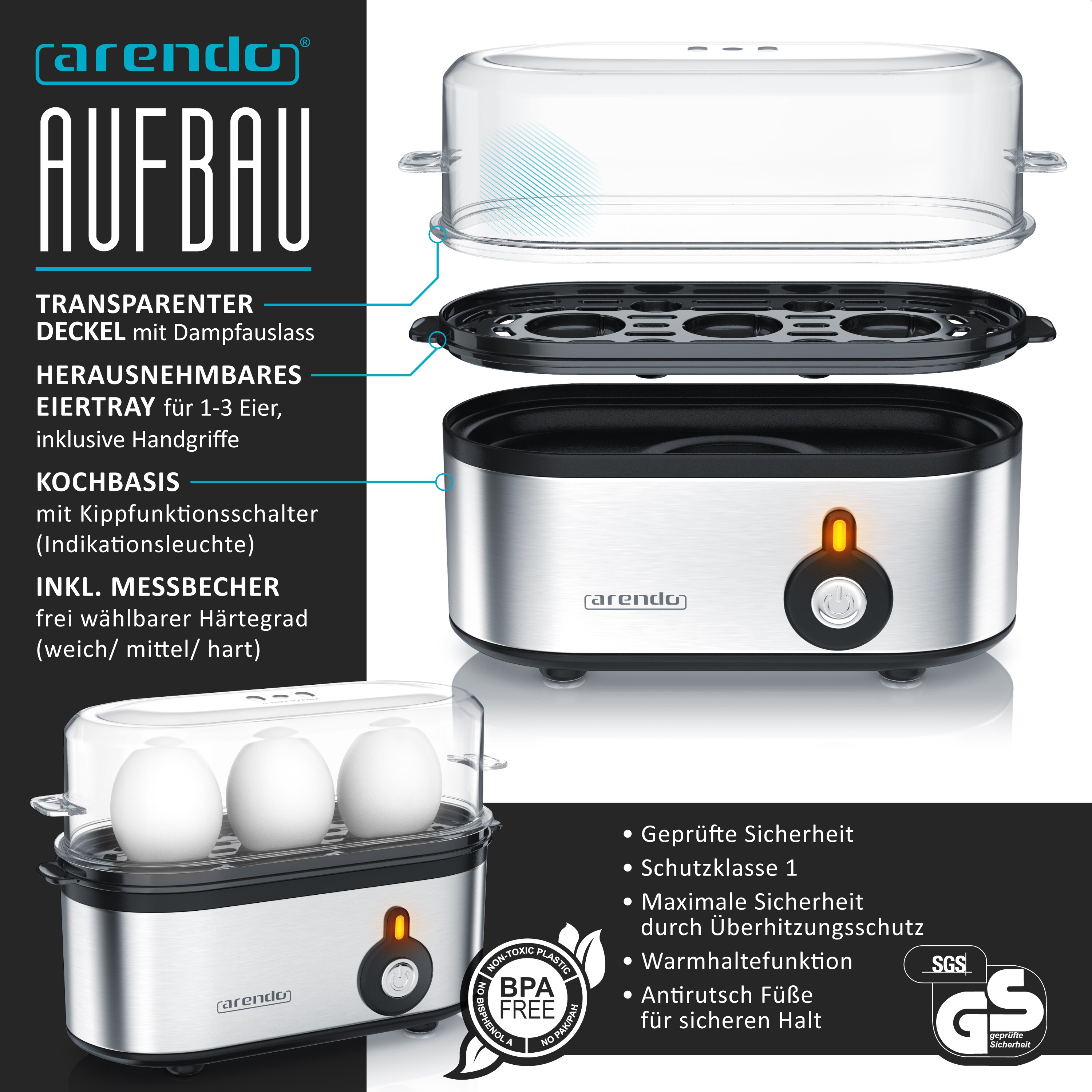 Arendo Frühstücks-Set in Edelstahl Optik - Wasserkocher, Toaster und Eierkocher