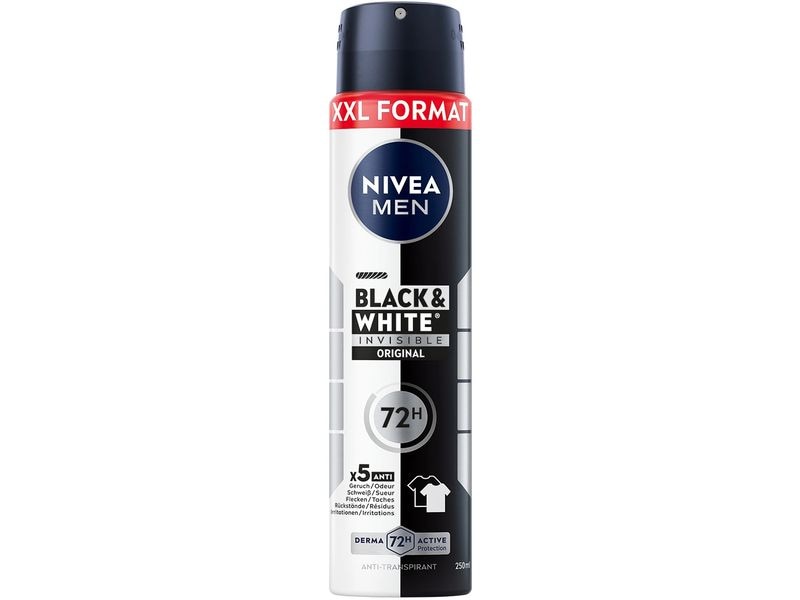 NIVEA MEN Deo Spray Black and White XXL 250 ml Deodorant, das weniger weisse Rückstände auf dunklen Stoffen hinterlässt