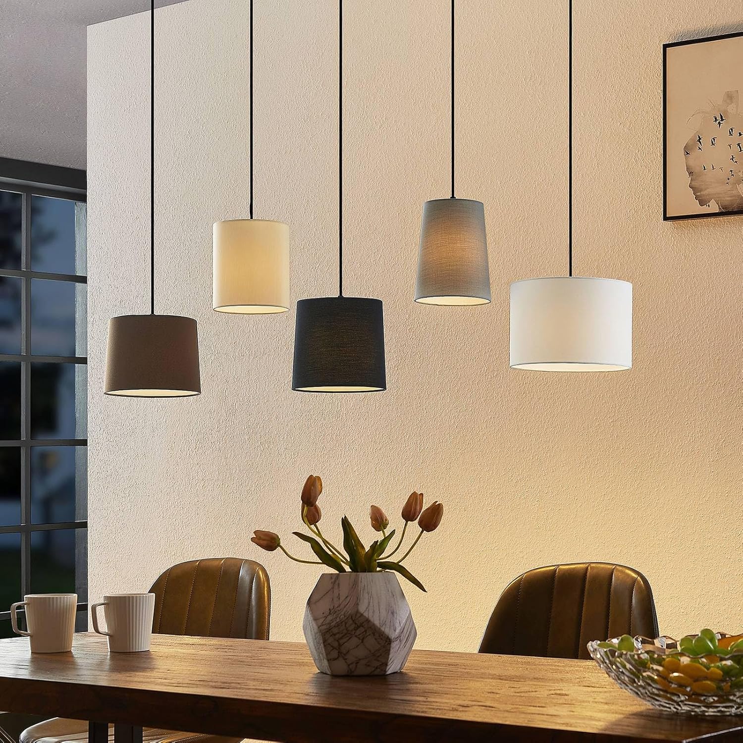 Lindby Esstisch Pendelleuchte Holz, Textil Balkenpendelleuchte Holzast und Stoff Lampenschirm Hängelampe Lampe Wohnzimmer 5x E27 ohne Leuchtmittel